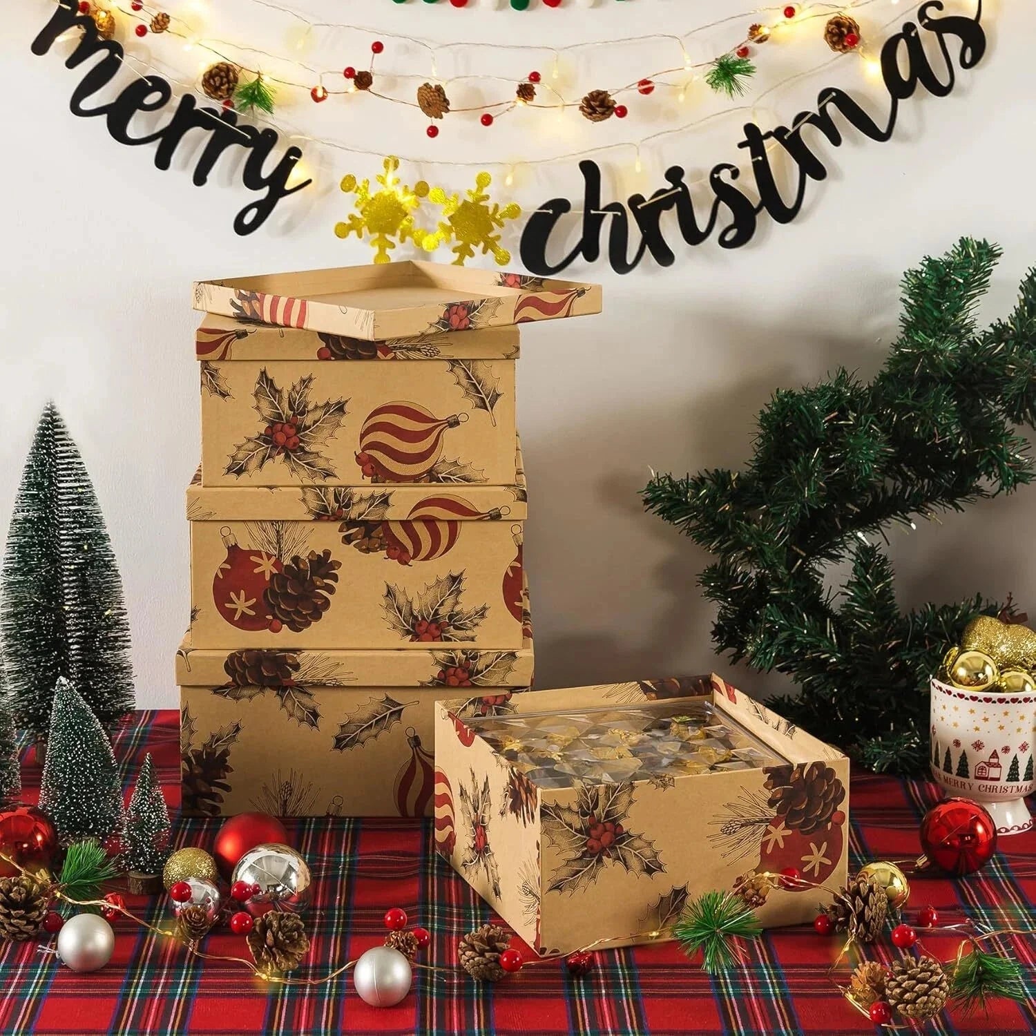 Christmas Kraft Square Decorative Boxes with Lids-Set of 4-Retro Cozy Christmas 07FC0E-D4 - KOEEK [6]