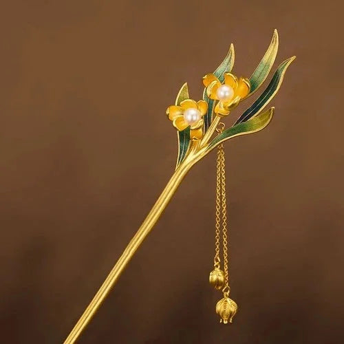 Cloisonne Daffodil Hairpin Chinese Style Tassel Hanfu Traditional Hair Jewelry 07FC0E-D4 - KOEEK [1]