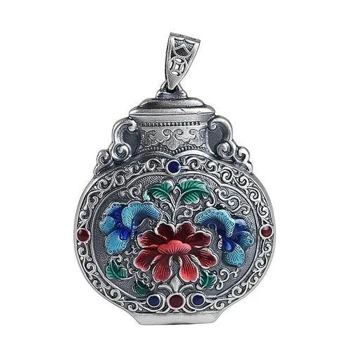 Cloisonne Enamel Double Sided Ruyi Vase Peony Pendant Vintage Ethnic Style 07FC0E-D4 - KOEEK [4]