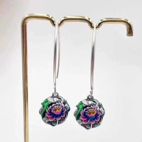 Cloisonne Enamel Lotus Koi Fish Earrings Vintage Ethnic Handmade Dangle Jewelry 07FC0E-D4 - KOEEK [6]