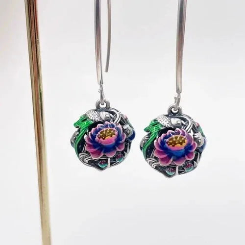 Cloisonne Enamel Lotus Koi Fish Earrings Vintage Ethnic Handmade Dangle Jewelry 07FC0E-D4 - KOEEK [8]