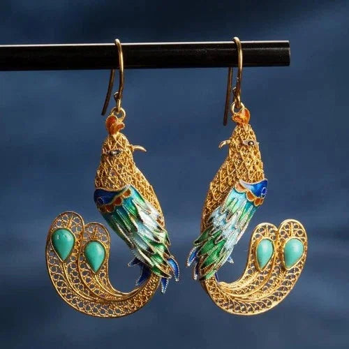Cloisonne Gilded Enamel Inlay Turquoise Phoenix Drop Earrings Vintage 07FC0E-D4 - KOEEK [1]