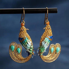 Cloisonne Gilded Enamel Inlay Turquoise Phoenix Drop Earrings Vintage 07FC0E-D4 - KOEEK [1]