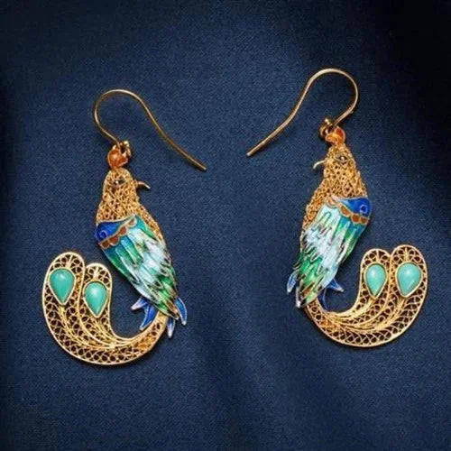 Cloisonne Gilded Enamel Inlay Turquoise Phoenix Drop Earrings Vintage 07FC0E-D4 - KOEEK [2]