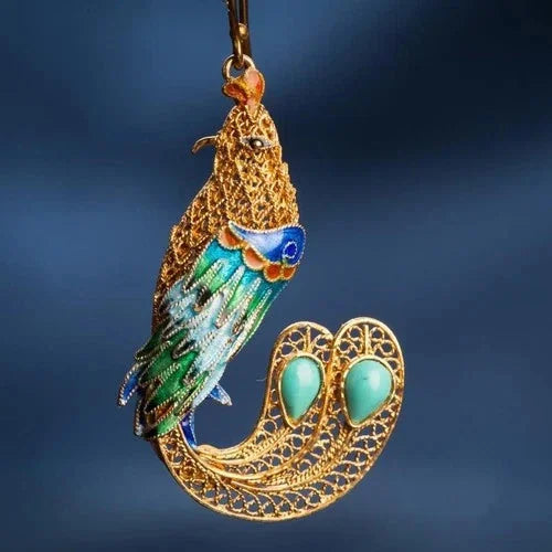 Cloisonne Gilded Enamel Inlay Turquoise Phoenix Drop Earrings Vintage 07FC0E-D4 - KOEEK [3]
