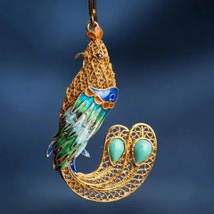 Cloisonne Gilded Enamel Inlay Turquoise Phoenix Drop Earrings Vintage 07FC0E-D4 - KOEEK [3]