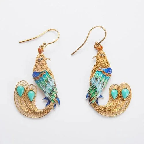 Cloisonne Gilded Enamel Inlay Turquoise Phoenix Drop Earrings Vintage 07FC0E-D4 - KOEEK [5]