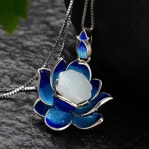 Cloisonne Hetian Jade Lotus Pendant Vintage Necklace Women Gift 07FC0E-D4 - KOEEK [1]