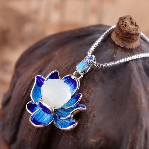 Cloisonne Hetian Jade Lotus Pendant Vintage Necklace Women Gift 07FC0E-D4 - KOEEK [2]