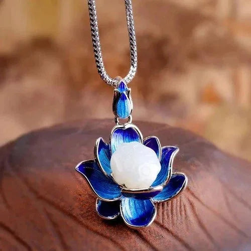 Cloisonne Hetian Jade Lotus Pendant Vintage Necklace Women Gift 07FC0E-D4 - KOEEK [3]