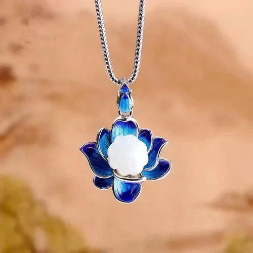 Cloisonne Hetian Jade Lotus Pendant Vintage Necklace Women Gift 07FC0E-D4 - KOEEK [5]