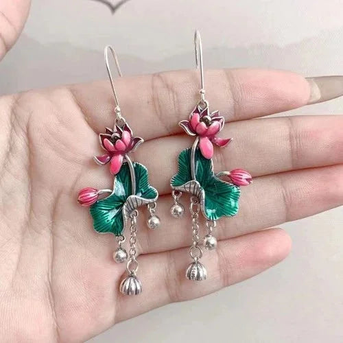 Cloisonne Lotus Leaf Tassel Earrings Vintage Ethnic Long Dangle Jewelry 07FC0E-D4 - KOEEK [1]