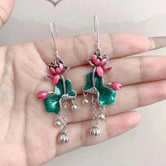 Cloisonne Lotus Leaf Tassel Earrings Vintage Ethnic Long Dangle Jewelry 07FC0E-D4 - KOEEK [1]