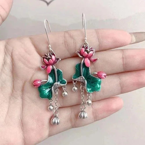 Cloisonne Lotus Leaf Tassel Earrings Vintage Ethnic Long Dangle Jewelry 07FC0E-D4 - KOEEK [2]