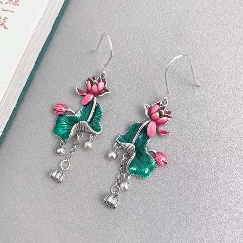 Cloisonne Lotus Leaf Tassel Earrings Vintage Ethnic Long Dangle Jewelry 07FC0E-D4 - KOEEK [3]