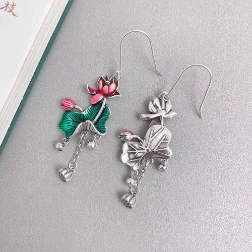 Cloisonne Lotus Leaf Tassel Earrings Vintage Ethnic Long Dangle Jewelry 07FC0E-D4 - KOEEK [5]