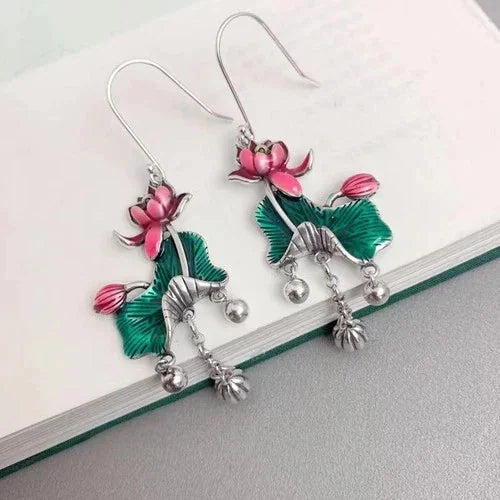 Cloisonne Lotus Leaf Tassel Earrings Vintage Ethnic Long Dangle Jewelry 07FC0E-D4 - KOEEK [6]