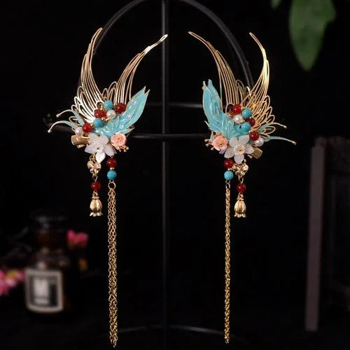 Cloisonne Tassel Hair Clips Chinese Style Hanfu Headpiece 1 Pair 07FC0E-D4 - KOEEK [2]