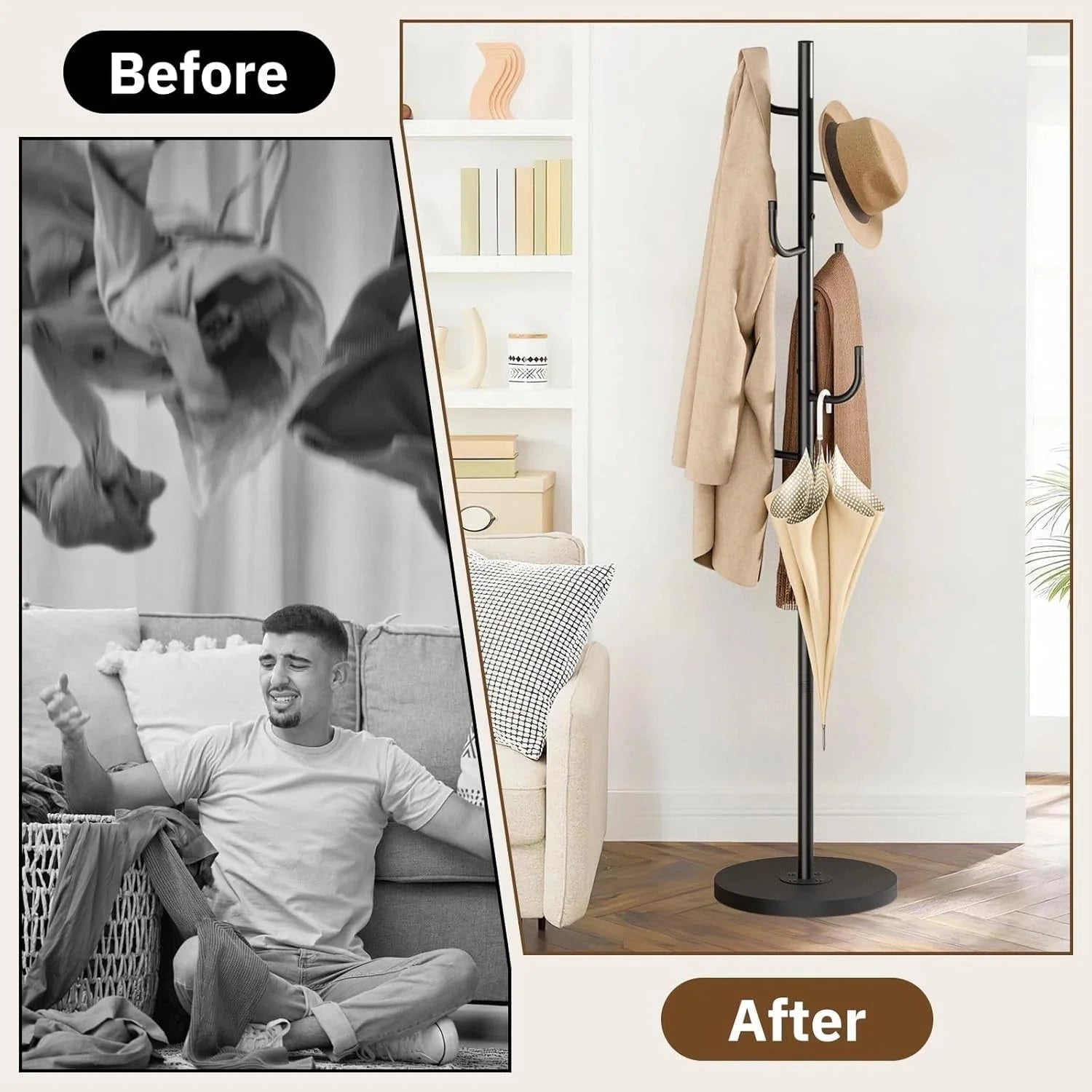 Coat Rack Freestanding,Coat Tree with Stable Wood Base Coat Hanger Stand 07FC0E-D4 - KOEEK [8]