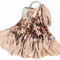 Cotton Linen Scarf 180x80CM Gray Brown Floral Print Long Wrap Shawl for Women 07FC0E-D4 - KOEEK [3]