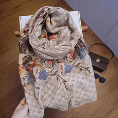 Cotton Linen Scarf 180x80CM Gray Brown Floral Print Long Wrap Shawl for Women 07FC0E-D4 - KOEEK [4]