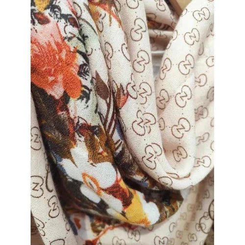 Cotton Linen Scarf 180x80CM Gray Brown Floral Print Long Wrap Shawl for Women 07FC0E-D4 - KOEEK [5]