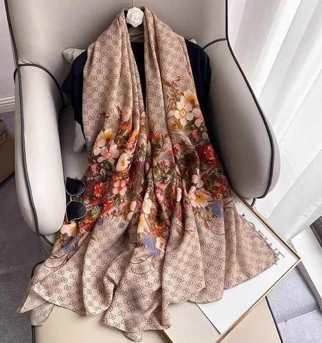 Cotton Linen Scarf 180x80CM Gray Brown Floral Print Long Wrap Shawl for Women 07FC0E-D4 - KOEEK [6]
