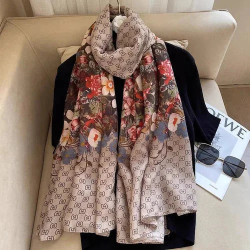 Cotton Linen Scarf 180x80CM Gray Brown Floral Print Long Wrap Shawl for Women 07FC0E-D4 - KOEEK [7]