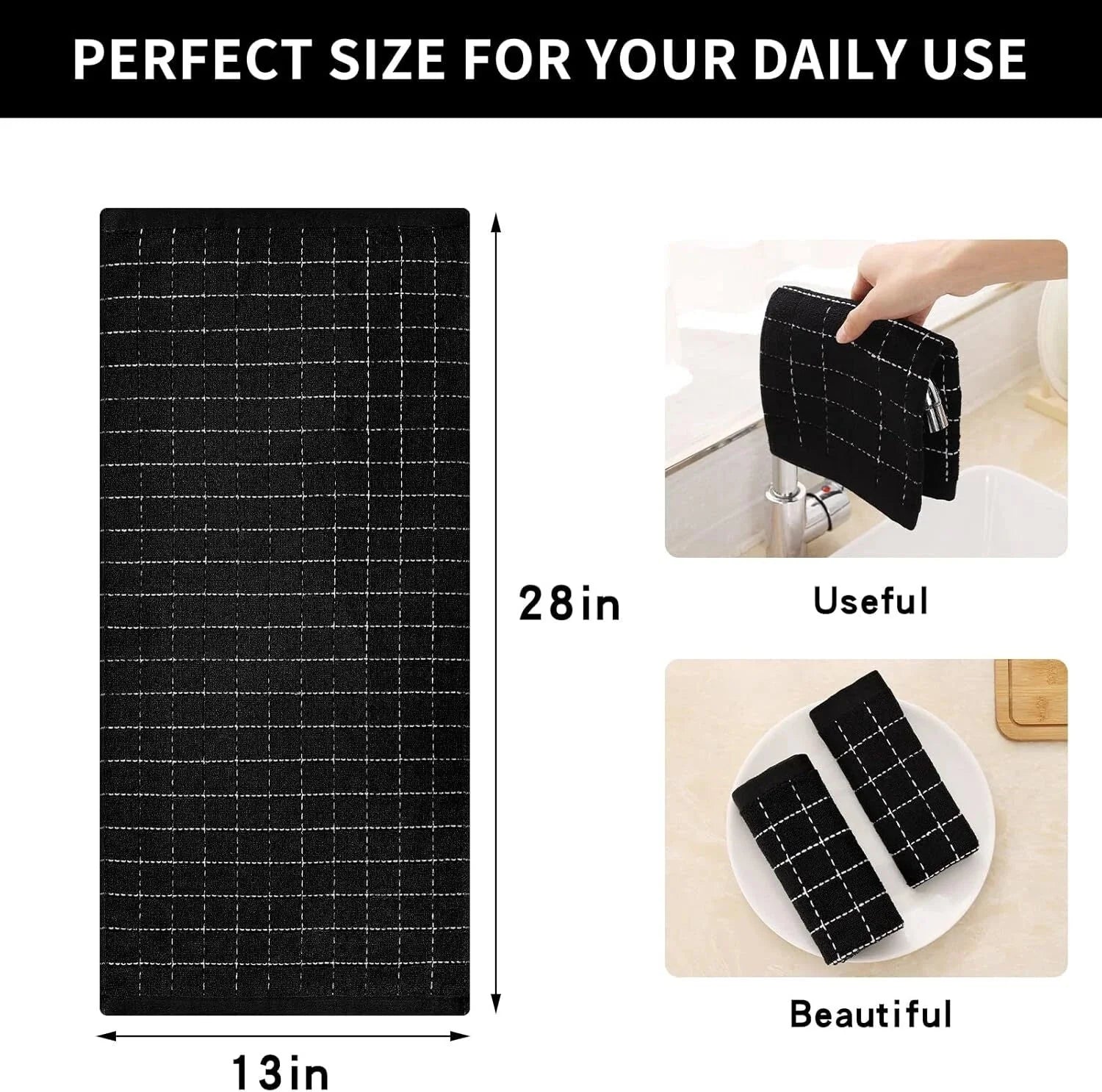 Cotton Terry Kitchen Towels(Black, 13 x 28 inches), Checkered Designed,Soft 07FC0E-D4 - KOEEK [6]