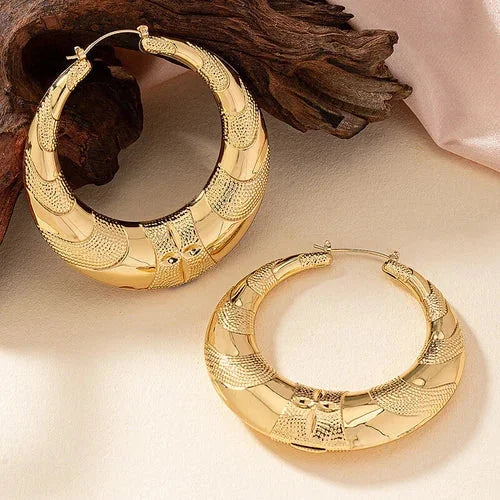 Crescent Bamboo Hoop Earrings Set Women Jewelry Textured Large Design 2 Pairs 07FC0E-D4 - KOEEK [2]
