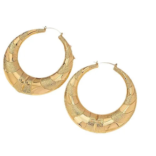 Crescent Bamboo Hoop Earrings Set Women Jewelry Textured Large Design 2 Pairs 07FC0E-D4 - KOEEK [5]