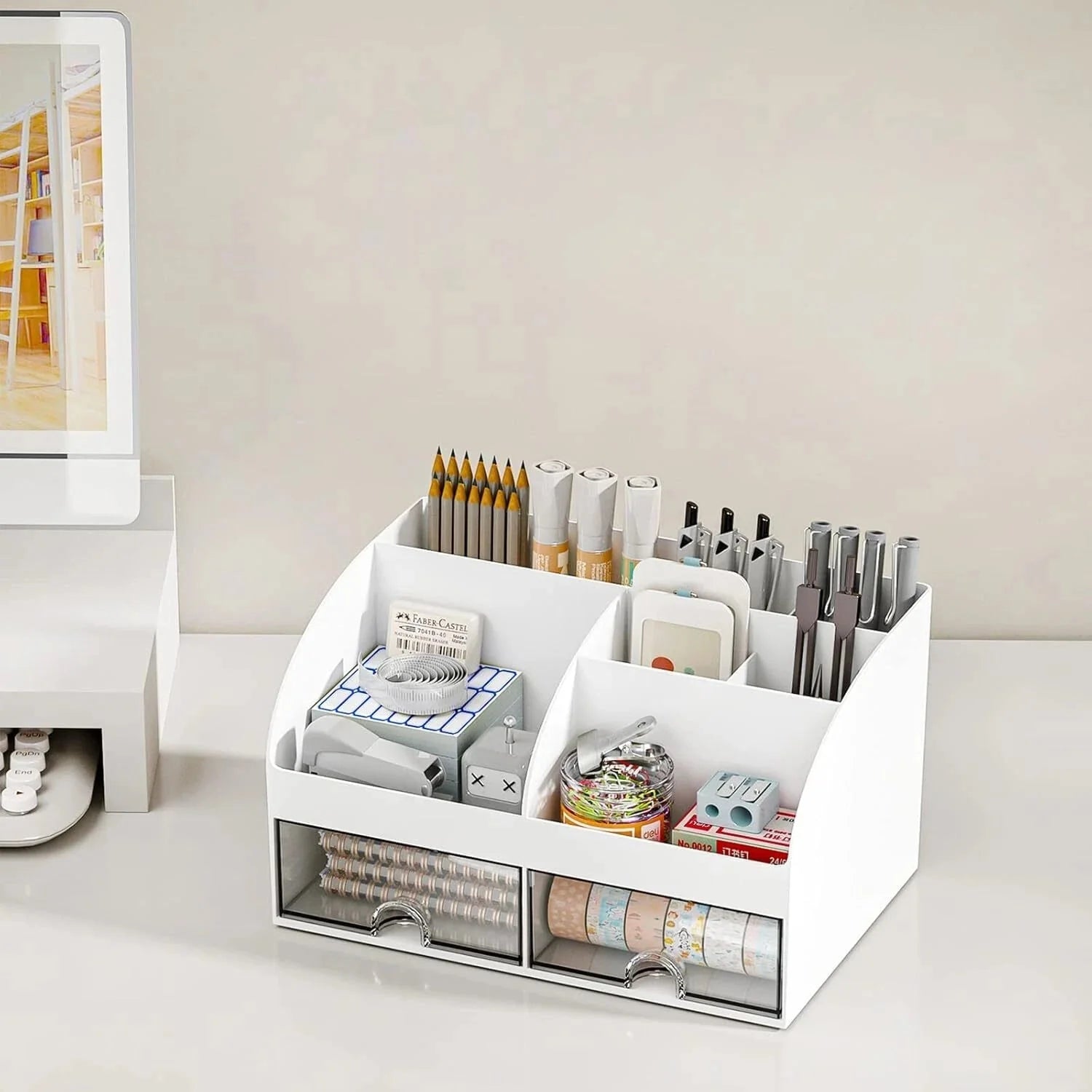 Desk Organizer with 6 Compartments and 2 Drawers, Plastic Makeup Organizer 07FC0E-D4 - KOEEK [5]