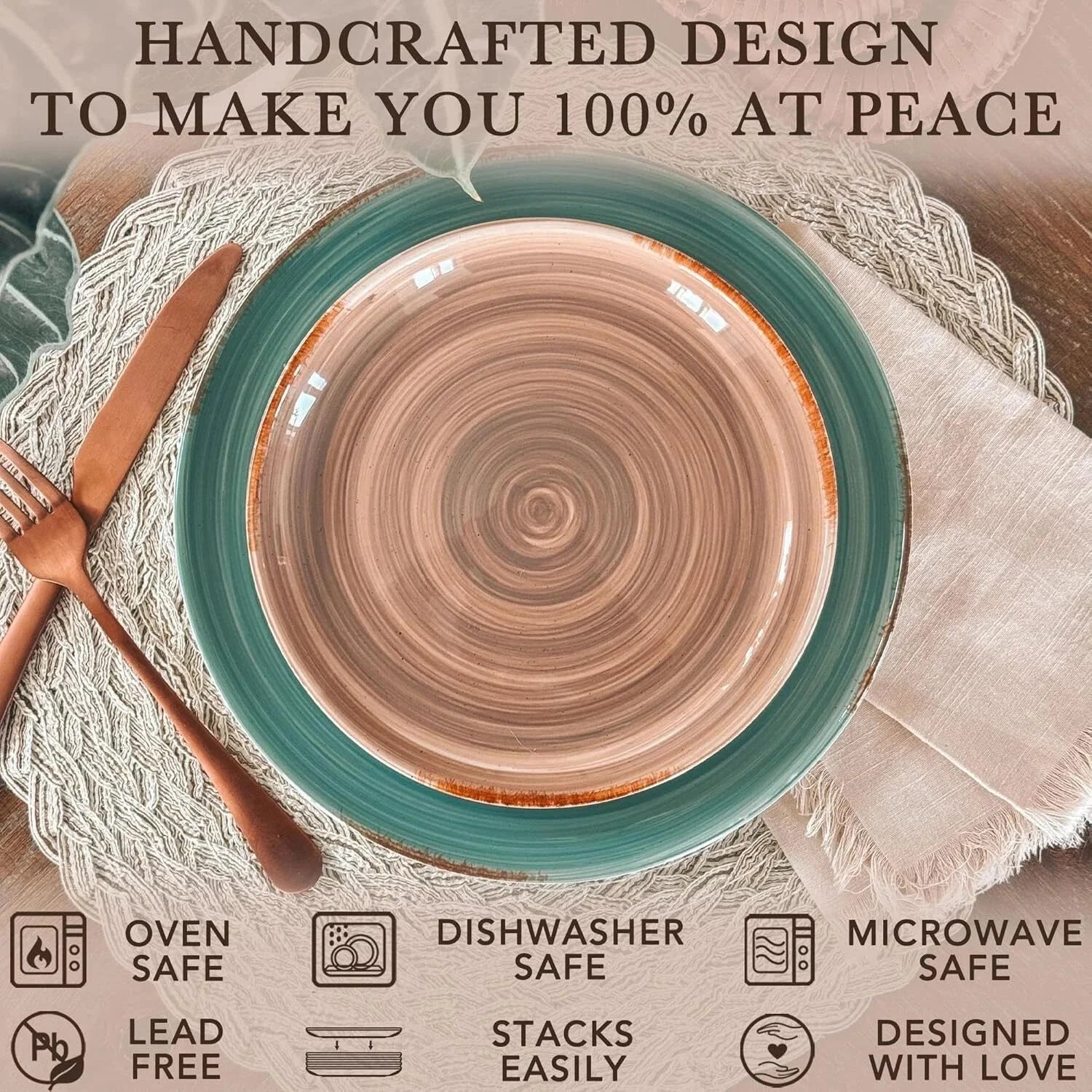Dinnerware Plates (Set of 6), 10-inch Modern Spiral Porcelain Plate, Earth Color 07FC0E-D4 - KOEEK [4]