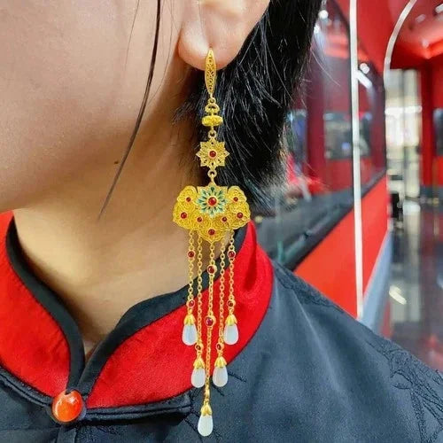 Enamel Lock Tassel Earrings Luxury Vintage Chinese Style Ear Jewelry for Women 07FC0E-D4 - KOEEK [1]