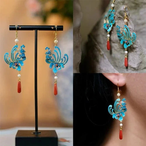 Enamel Phoenix Earrings Tassel Red Agate Vintage Chinese Style Jewelry For Women 07FC0E-D4 - KOEEK [1]