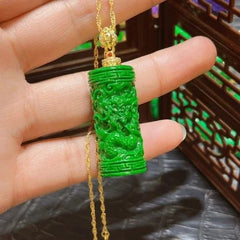Full Green Cylinder Carved Dragon Pendant Chinese Style Vintage Jewelry 07FC0E-D4 - KOEEK [1]