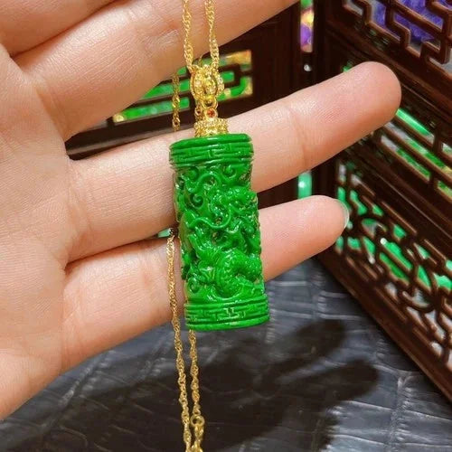Full Green Cylinder Carved Dragon Pendant Chinese Style Vintage Jewelry 07FC0E-D4 - KOEEK [2]
