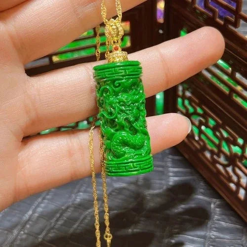 Full Green Cylinder Carved Dragon Pendant Chinese Style Vintage Jewelry 07FC0E-D4 - KOEEK [7]
