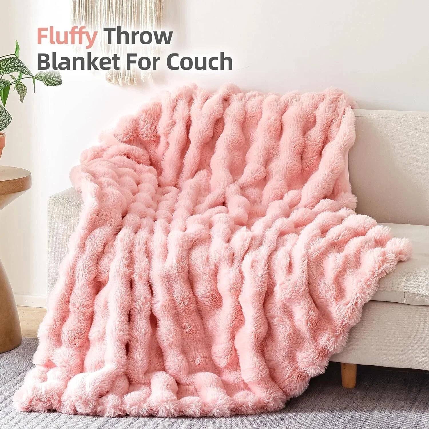 Fur Throw Blanket for Couch – Blush Pink Fluffy Cozy Rabbit Fleece, Plush Soft 07FC0E-D4 - KOEEK [3]