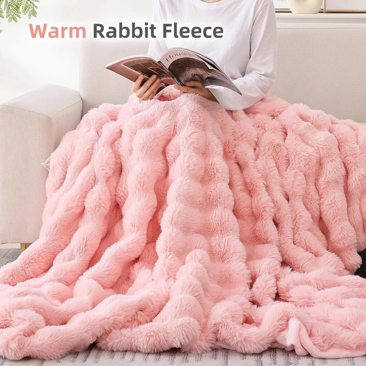 Fur Throw Blanket for Couch – Blush Pink Fluffy Cozy Rabbit Fleece, Plush Soft 07FC0E-D4 - KOEEK [5]