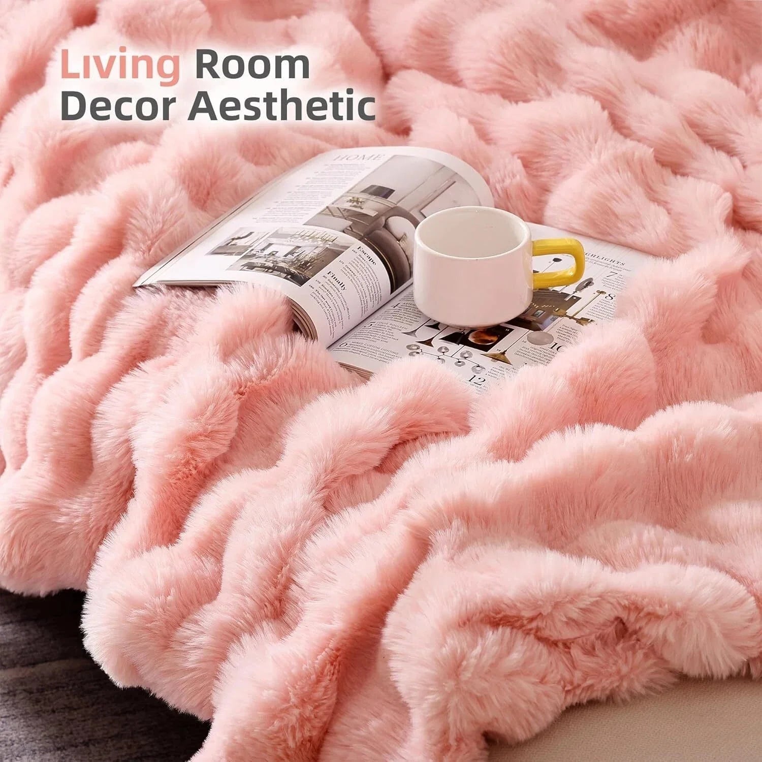 Fur Throw Blanket for Couch – Blush Pink Fluffy Cozy Rabbit Fleece, Plush Soft 07FC0E-D4 - KOEEK [6]