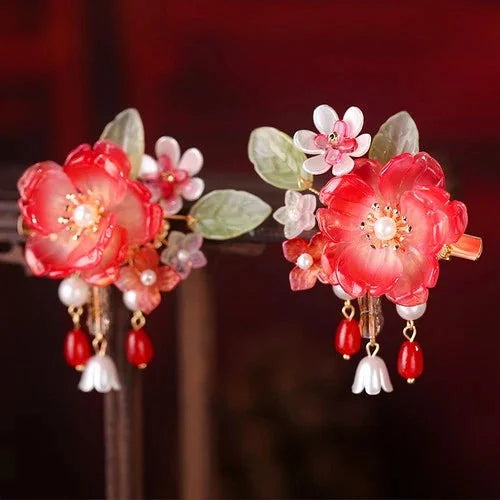 Glass Flower Hair Clip Chinese Style Hanfu Hair Accessory Women Barrette 2pc 07FC0E-D4 - KOEEK [2]