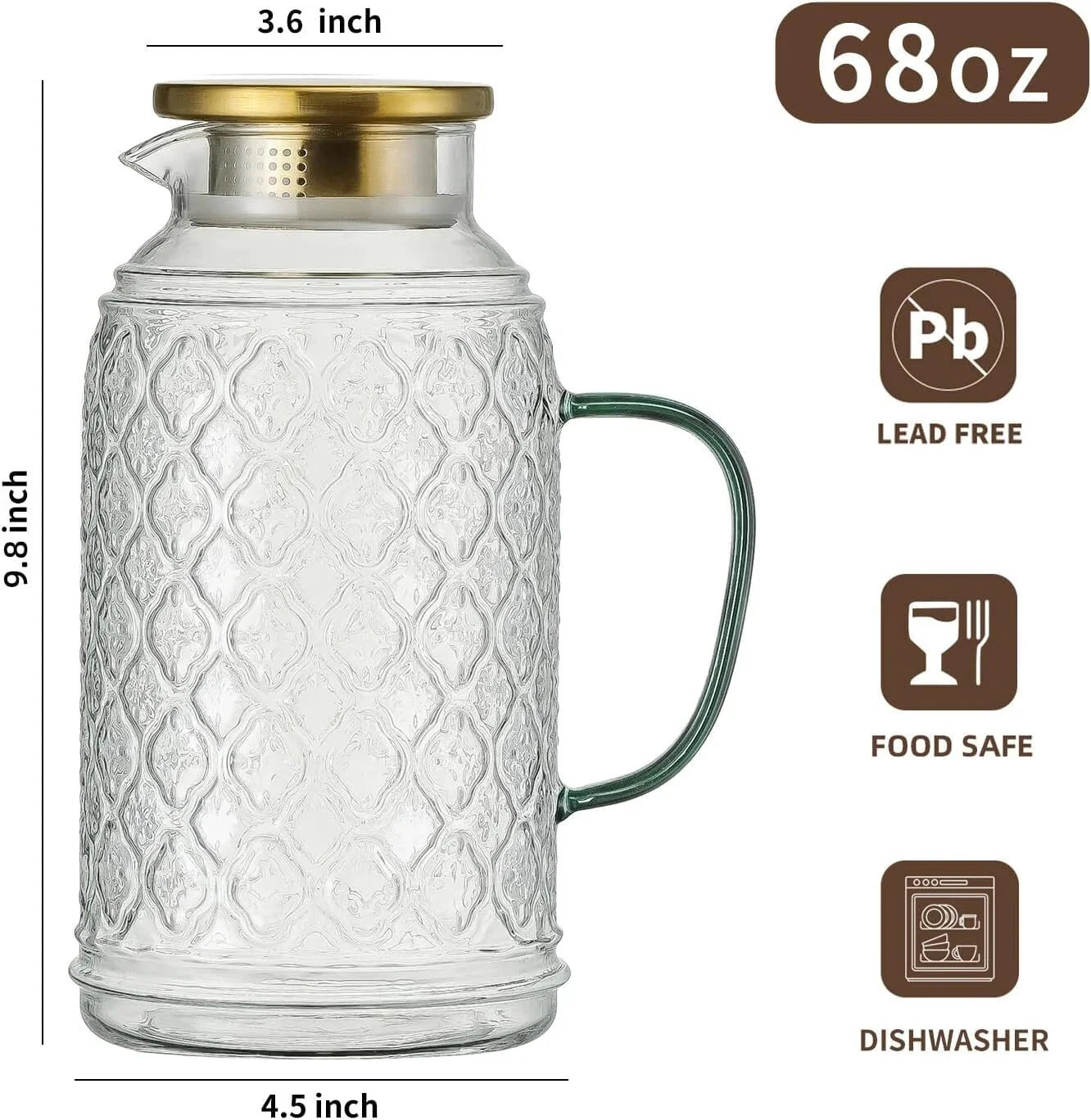 Glass Pitcher with Lid, 2 PACK 68 oz/2 Liter Vintage Water Pitcher, Clear 07FC0E-D4 - KOEEK [2]