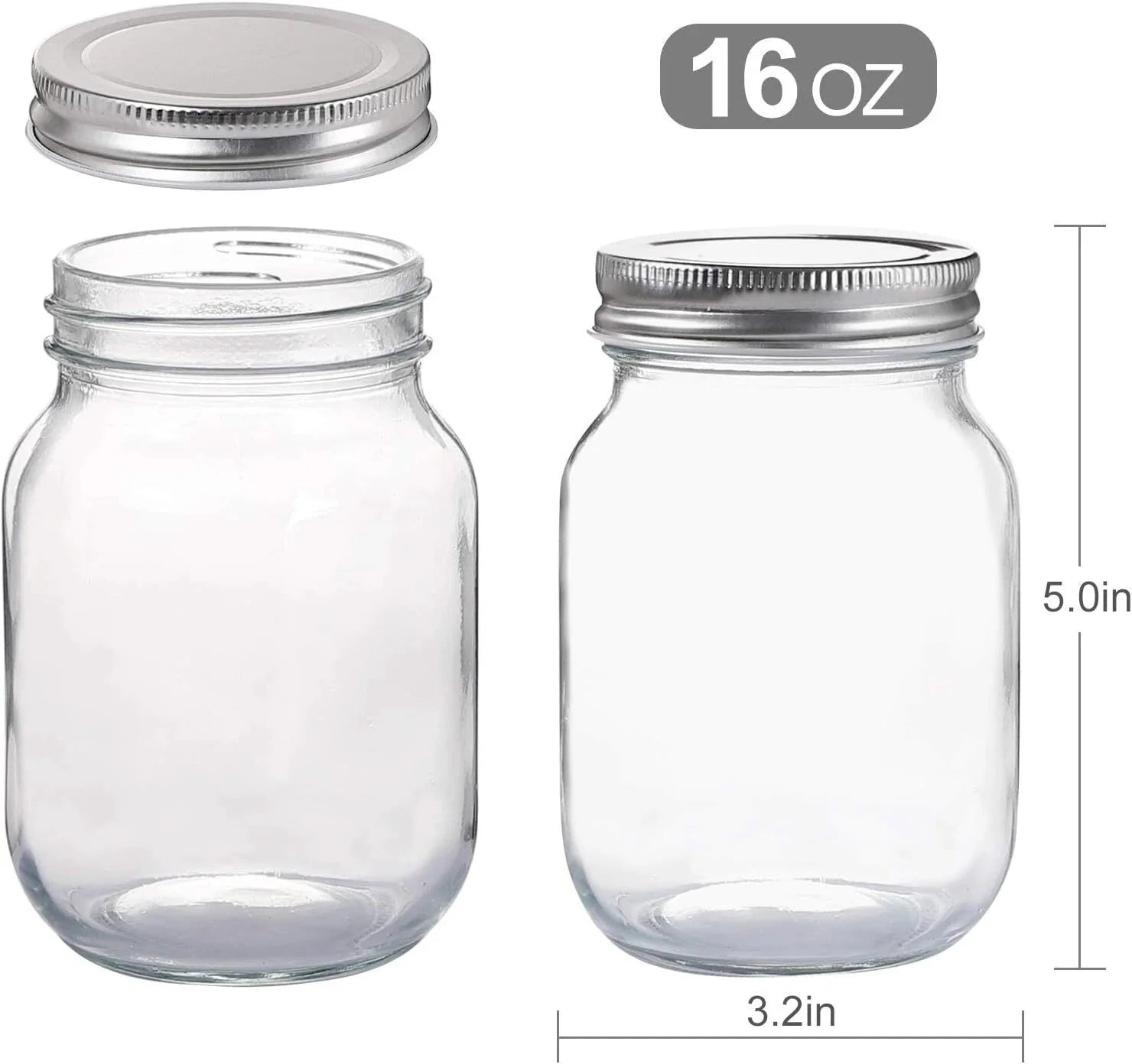 Glass Regular Mouth Mason Jars, 16 oz Clear Glass Jars with Silver Metal Lids 07FC0E-D4 - KOEEK [3]