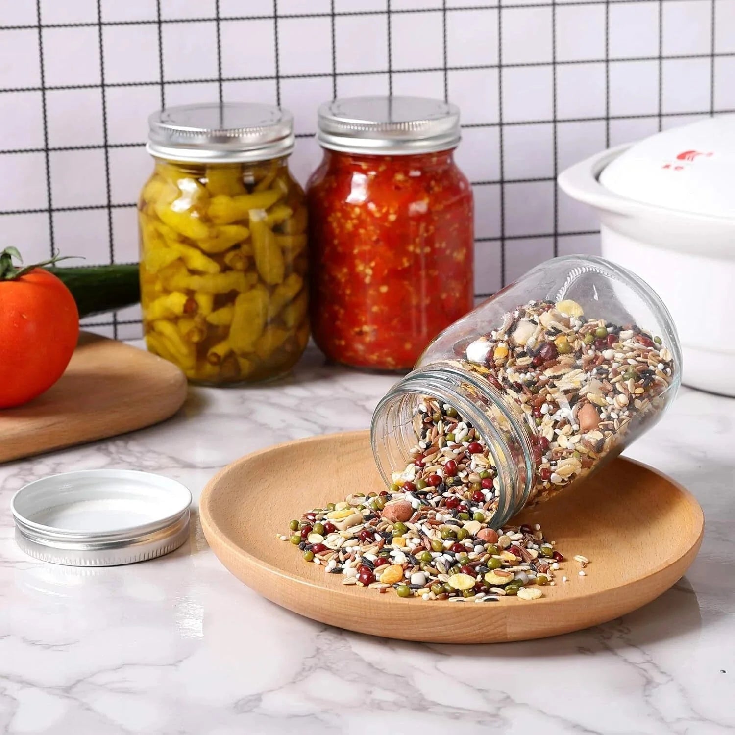 Glass Regular Mouth Mason Jars, 16 oz Clear Glass Jars with Silver Metal Lids 07FC0E-D4 - KOEEK [6]