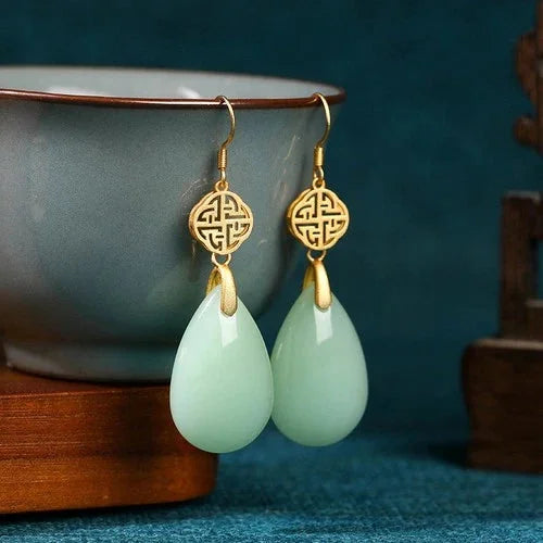 Gold Plated Chinese Style Hetian Jade Waterdrop Earrings Qipao Jewelry 07FC0E-D4 - KOEEK [2]