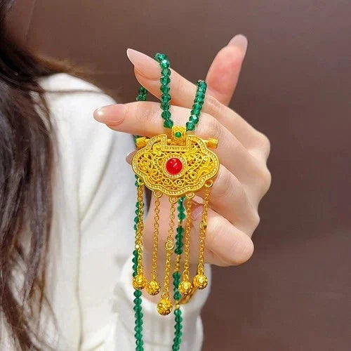 Gold Plated Enamel Dragon Phoenix Tassel Pendant Green Spinel Necklace 07FC0E-D4 - KOEEK [1]