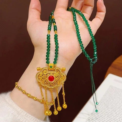 Gold Plated Enamel Dragon Phoenix Tassel Pendant Green Spinel Necklace 07FC0E-D4 - KOEEK [2]