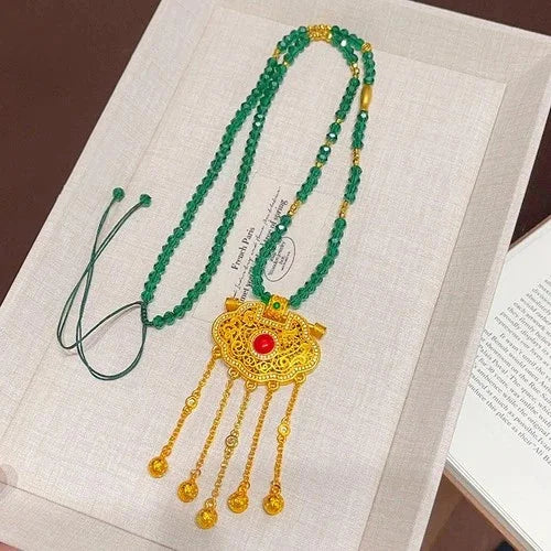 Gold Plated Enamel Dragon Phoenix Tassel Pendant Green Spinel Necklace 07FC0E-D4 - KOEEK [3]