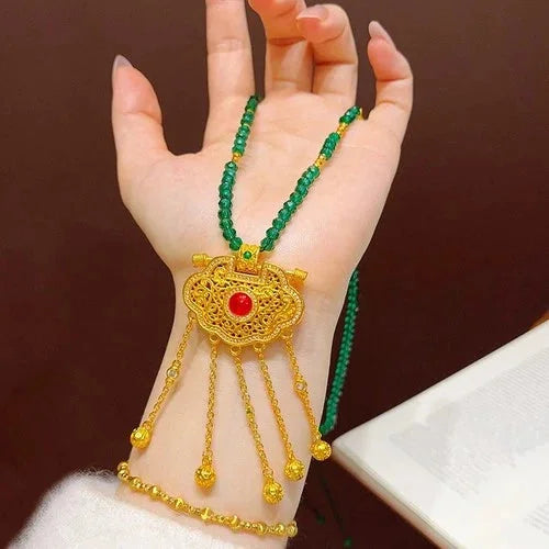Gold Plated Enamel Dragon Phoenix Tassel Pendant Green Spinel Necklace 07FC0E-D4 - KOEEK [4]